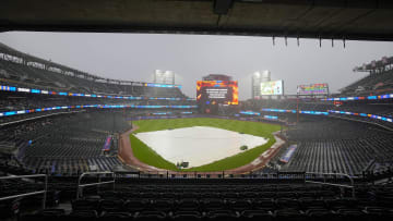 Jun 14, 2024; New York City, New York, USA; General view of the field during a rain delay prior to the start of the game between the San Diego Padres and New York Mets at Citi Field. Mandatory Credit: Gregory Fisher-USA TODAY Sports