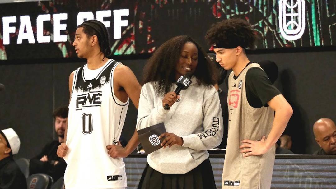 Nia Simone (center) interviews Beckham Black (left) and Cayden Daughtry (right) before tip-off.