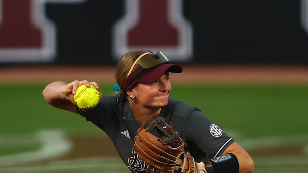Mississippi State softball infielder Morgan Stiles readies a throw to first base in a SEC game against No. 23 South Carolina.