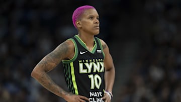 Sep 21, 2025; Minneapolis, Minnesota, USA; Minnesota Lynx guard Courtney Williams (10) looks on against the Phoenix Mercury in the first half during game one of the second round for the 2025 WNBA Playoffs at Target Center. Mandatory Credit: Jesse Johnson-Imagn Images