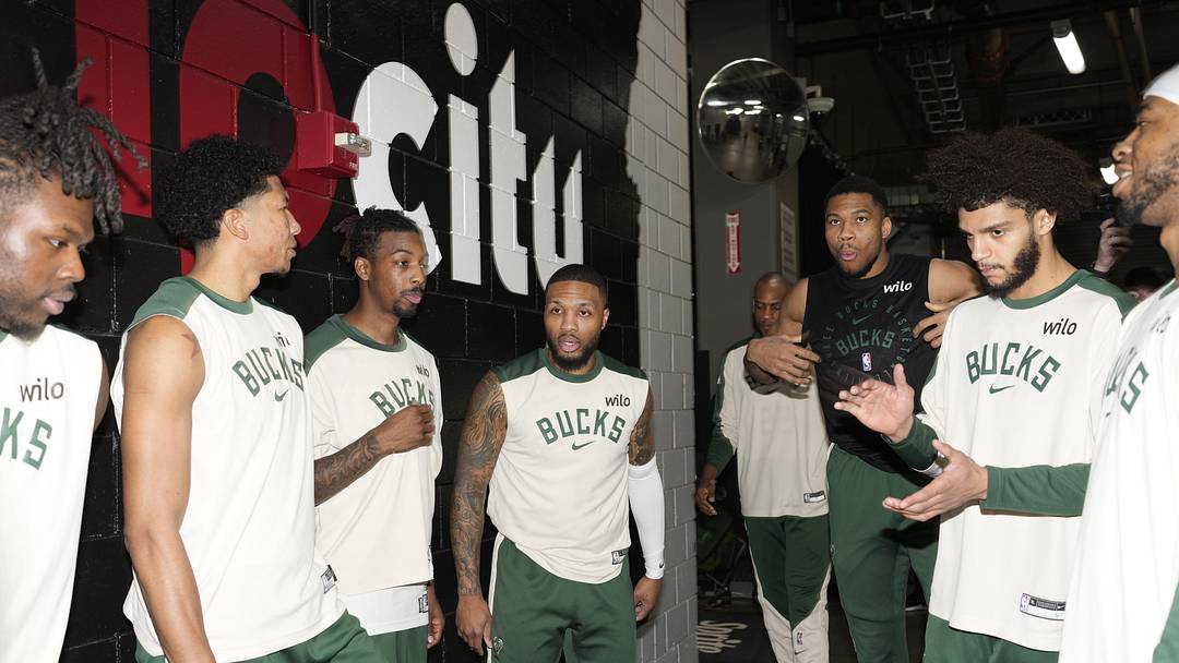 Jan 28, 2025; Portland, Oregon, USA; Milwaukee Bucks point guard Damian Lillard (0) speaks in a huddle before the game against the Portland Trail Blazers at Moda Center. Mandatory Credit: Soobum Im-Imagn Images