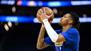 Nov 4, 2025; San Francisco, California, USA; Golden State Warriors guard Will Richard (3) warms up before the game against the Phoenix Suns at Chase Center.