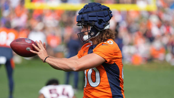 Jul 29, 2022; Englewood, CO, USA; Denver Broncos tight end Greg Dulcich (80) during training camp at the UCHealth Training Center. 