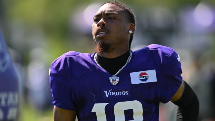 Aug 2, 2024; Eagan, MN, USA; Minnesota Vikings wide receiver Justin Jefferson (18) looks on during practice at Vikings training camp in Eagan, MN. Mandatory Credit: Jeffrey Becker-USA TODAY Sports