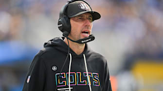 Oct 19, 2025; Inglewood, California, USA; Indianapolis Colts head coach Shane Steichen reacts in the first half against the Los Angeles Chargers at SoFi Stadium. Mandatory Credit: Jayne Kamin-Oncea-Imagn Images