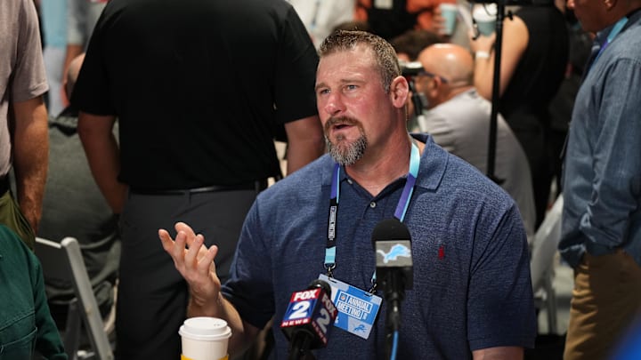 Apr 1, 2025; Palm Beach, FL, USA;  Detroit Lions head coach Dan Campbell answers questions from the media during the NFL Annual League Meeting at The Breakers. Mandatory Credit: Jim Rassol-Imagn Images