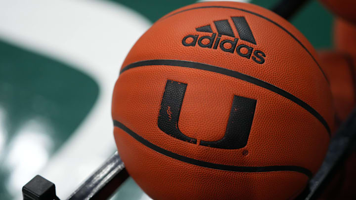 Dec 8, 2021; Coral Gables, Florida, USA; A general view of a basketball with the University of Miami logo on a rack prior to the game between the Miami Hurricanes and the Lipscomb Bisons at Watsco Center. Mandatory Credit: Jasen Vinlove-Imagn Images