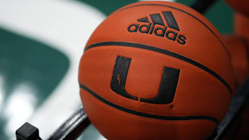 Dec 8, 2021; Coral Gables, Florida, USA; A general view of a basketball with the University of Miami logo on a rack prior to the game between the Miami Hurricanes and the Lipscomb Bisons at Watsco Center. Mandatory Credit: Jasen Vinlove-Imagn Images