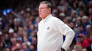 Nov 16, 2024; Lawrence, Kansas, USA; Kansas Jayhawks head coach Bill Self watches play against the Oakland Golden Grizzlies during the game at Allen Fieldhouse. Mandatory Credit: Denny Medley-Imagn Images