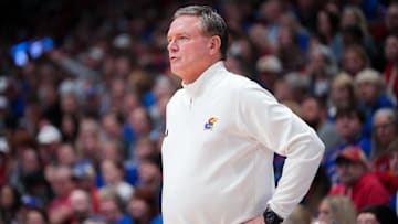 Nov 16, 2024; Lawrence, Kansas, USA; Kansas Jayhawks head coach Bill Self watches play against the Oakland Golden Grizzlies during the game at Allen Fieldhouse. Mandatory Credit: Denny Medley-Imagn Images