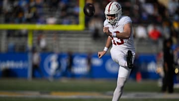 Nov 29, 2024; San Jose, California, USA; Stanford Cardinal place kicker Emmet Kenney (13) warms up before their game against the San Jose State Spartans at CEFCU Stadium. Mandatory Credit: Eakin Howard-Imagn Images
