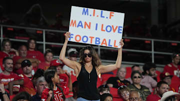 A football fan displays a sign during the second half of the game between the Kansas City Chiefs and Chicago Bears at GEHA Field at Arrowhead Stadium.