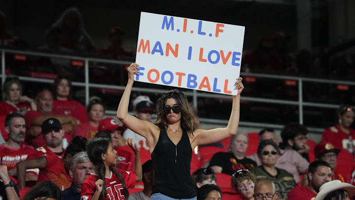 A football fan displays a sign during the second half of the game between the Kansas City Chiefs and Chicago Bears at GEHA Field at Arrowhead Stadium.