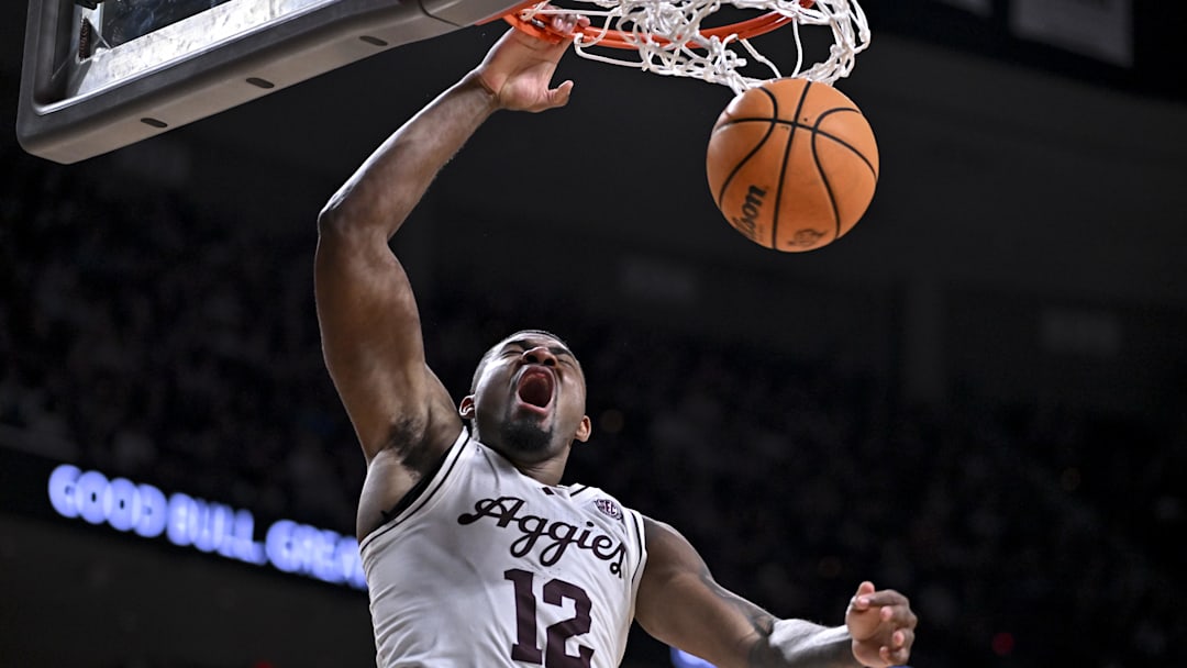 Feb 28, 2026; College Station, Texas, USA; Texas A&M Aggies forward Rashaun Agee (12) reacts during the second half against the Texas Longhorns at Reed Arena. Mandatory Credit: Maria Lysaker-Imagn Images 