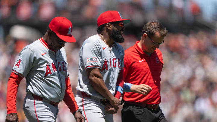 Jun 16, 2024; San Francisco, California, USA;  Los Angeles Angels third base Luis Rengifo (2) grimaces in pain during the fourth inning against the San Francisco Giants at Oracle Park. Mandatory Credit: Stan Szeto-USA TODAY Sports
