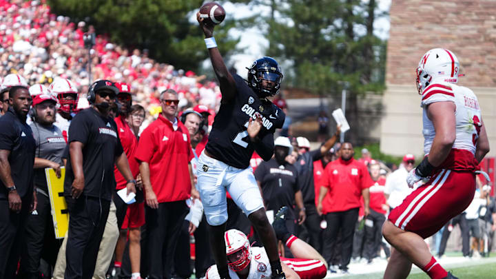 Sep 9, 2023; Boulder, Colorado, USA; Colorado Buffaloes quarterback Shedeur Sanders (2) throws a pass in the fourth quarter against the Nebraska Cornhuskers at Folsom Field. Mandatory Credit: Ron Chenoy-Imagn Images