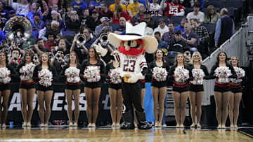 Mar 29, 2025; San Francisco, CA, USA; Texas Tech Red Raiders mascot Raider Red performs with cheerleaders prior to a game against the Florida Gators during the West Regional final of the 2025 NCAA tournament at Chase Center. Mandatory Credit: Kyle Terada-Imagn Images