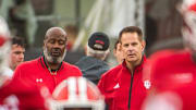 Indiana Head Coach Curt Cignetti and Maryland Head Coach Michael Locksley talk before the Indiana versus Maryland football game at Memorial Stadium on Saturday, Sept. 28, 2024.