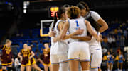 Feb 2, 2025; Los Angeles, California, USA; UCLA Bruins starting five: UCLA Bruins guard Kiki Rice (1), Gabriela Jaquez (11),  Angela Dugalic (32), Lauren Betts (51) and Londynn Jones (3) huddle before playing Minnesota Golden Gophers at Pauley Pavilion presented by Wescom. Mandatory Credit: Robert Hanashiro-Imagn Images