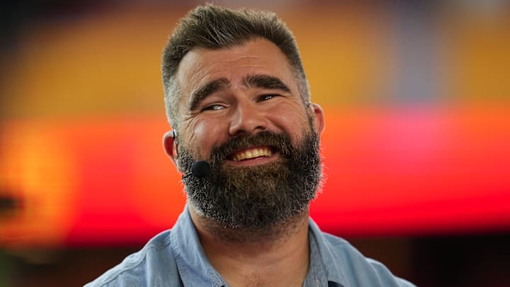 Former NFL player Jason Kelce prior to a game between the New Orleans Saints and the Kansas City Chiefs at GEHA Field at Arrowhead Stadium.