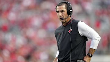Oct 18, 2025; Madison, Wisconsin, USA; Wisconsin Badgers head coach Luke Fickell looks on in the second half against the Ohio State Buckeyes at Camp Randall Stadium. Mandatory Credit: Jeff Hanisch-Imagn Images