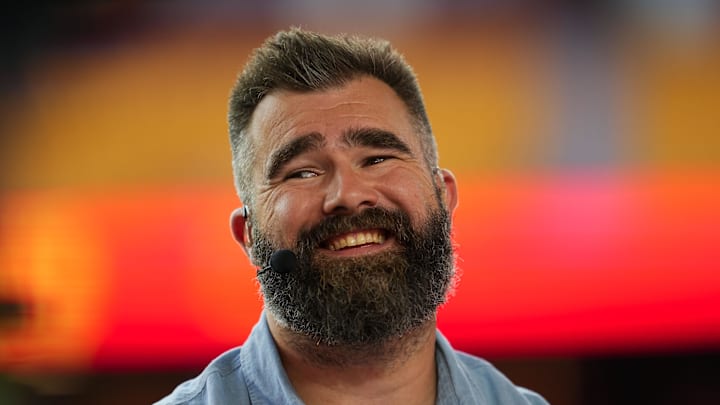 Former Philadelphia Eagles center Jason Kelce attends a Kansas City Chiefs game. Former Philadelphia Eagles center Jason Kelce attends a Kansas City Chiefs game.