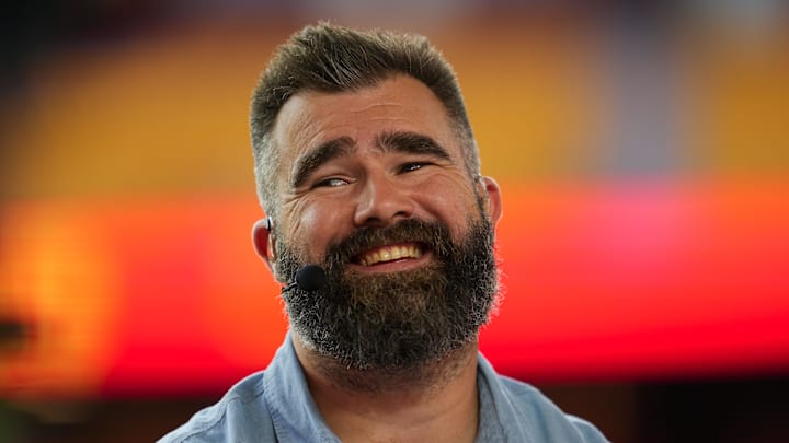 Oct 7, 2024; Kansas City, Missouri, USA; Former NFL player Jason Kelce prior to a game between the New Orleans Saints and the Kansas City Chiefs at GEHA Field at Arrowhead Stadium.