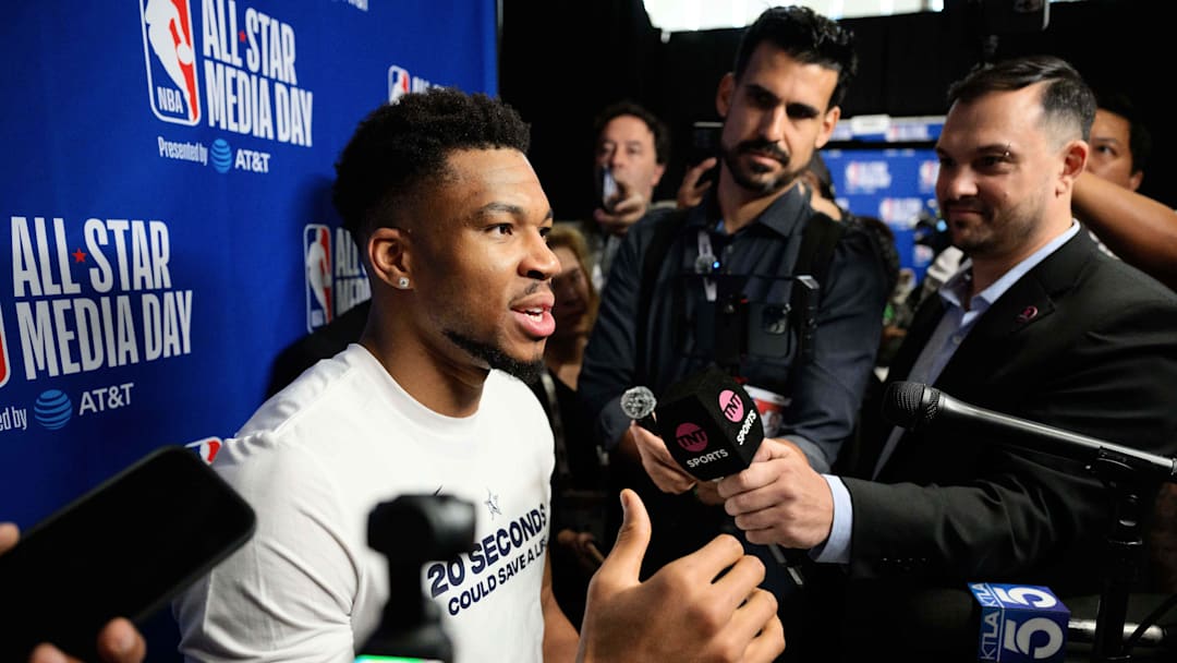 Feb 14, 2026; Inglewood, California, USA; Giannis Antetokounmpo speaks during interviews at media day at Intuit Dome. Mandatory Credit: William Liang-Imagn Images Feb 14, 2026; Inglewood, California, USA; Giannis Antetokounmpo speaks during interviews at media day at Intuit Dome. Mandatory Credit: William Liang-Imagn Images