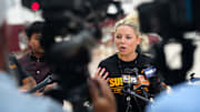 ASU head coach Molly Miller speaks to the press at Weatherup Center in Tempe, Ariz. on June 4, 2025.
