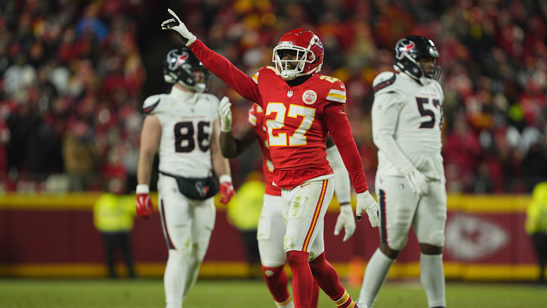 Jan 18, 2025; Kansas City, Missouri, USA; Kansas City Chiefs safety Chamarri Conner (27) reacts after a tackle against the Houston Texans during the fourth quarter of a 2025 AFC divisional round game at GEHA Field at Arrowhead Stadium. Mandatory Credit: Jay Biggerstaff-Imagn Images