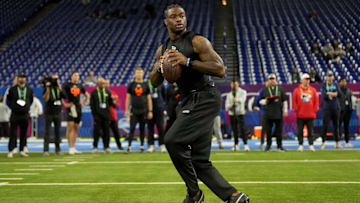 Mar 1, 2025; Indianapolis, IN, USA; Alabama quarterback Jalen Milroe (QB11) during the 2025 NFL Combine at Lucas Oil Stadium. Mandatory Credit: Kirby Lee-Imagn Images