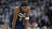 May 14, 2025; Minneapolis, Minnesota, USA; Minnesota Timberwolves guard Anthony Edwards (5) looks on against the Golden State Warriors in the first half during game five of the second round for the 2025 NBA Playoffs at Target Center. Mandatory Credit: Jesse Johnson-Imagn Images