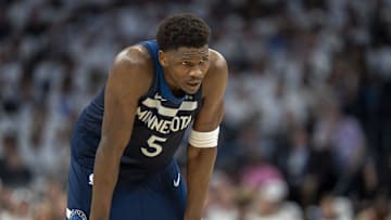 Minnesota Timberwolves guard Anthony Edwards takes the court during the 2025 NBA Playoffs.