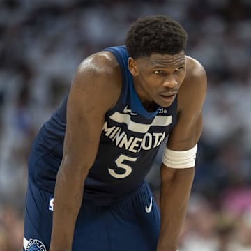 May 14, 2025; Minneapolis, Minnesota, USA; Minnesota Timberwolves guard Anthony Edwards (5) looks on against the Golden State Warriors in the first half during game five of the second round for the 2025 NBA Playoffs at Target Center. Mandatory Credit: Jesse Johnson-Imagn Images