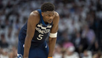 May 14, 2025; Minneapolis, Minnesota, USA; Minnesota Timberwolves guard Anthony Edwards (5) looks on against the Golden State Warriors in the first half during game five of the second round for the 2025 NBA Playoffs at Target Center. Mandatory Credit: Jesse Johnson-Imagn Images