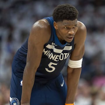 May 14, 2025; Minneapolis, Minnesota, USA; Minnesota Timberwolves guard Anthony Edwards (5) looks on against the Golden State Warriors in the first half during game five of the second round for the 2025 NBA Playoffs at Target Center. Mandatory Credit: Jesse Johnson-Imagn Images