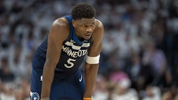 May 14, 2025; Minneapolis, Minnesota, USA; Minnesota Timberwolves guard Anthony Edwards (5) looks on against the Golden State Warriors in the first half during game five of the second round for the 2025 NBA Playoffs at Target Center. Mandatory Credit: Jesse Johnson-Imagn Images