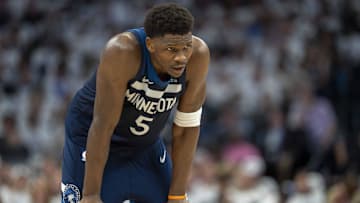 May 14, 2025; Minneapolis, Minnesota, USA; Minnesota Timberwolves guard Anthony Edwards (5) looks on against the Golden State Warriors in the first half during game five of the second round for the 2025 NBA Playoffs at Target Center. Mandatory Credit: Jesse Johnson-Imagn Images