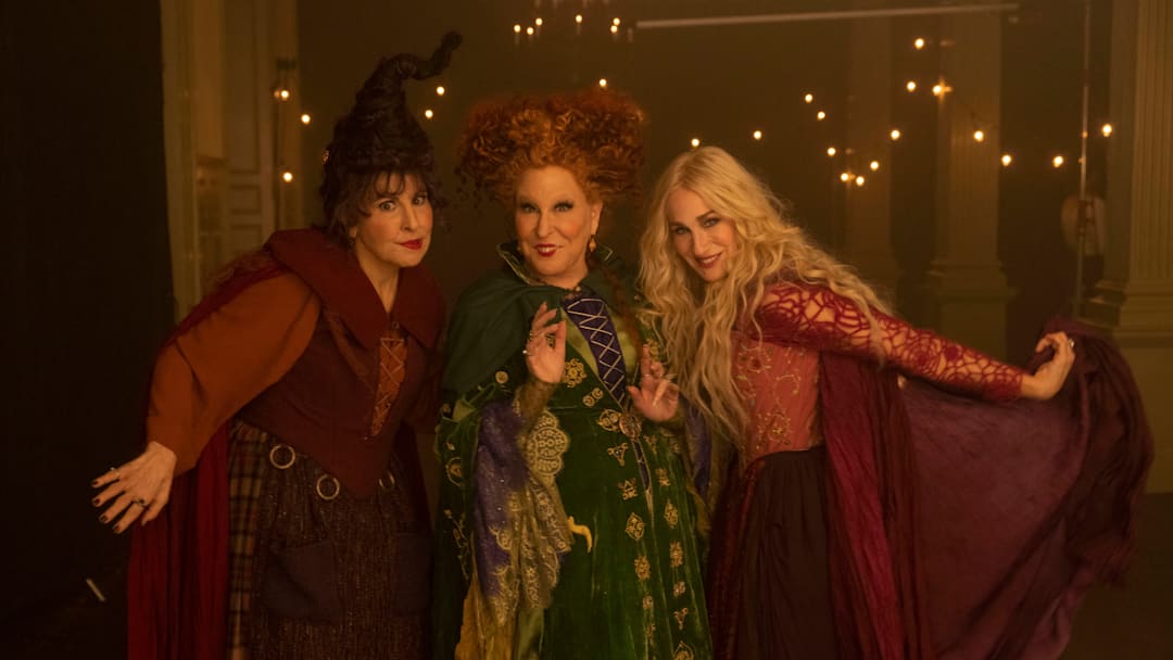 Kathy Najimy as Mary Sanderson, Bette Midler as Winifred Sanderson, and Sarah Jessica Parker as Sarah Sanderson in HOCUS POCUS 2, exclusively on Disney+. Photo by Matt Kennedy. © 2022 Disney Enterprises, Inc. All Rights Reserved. Kathy Najimy as Mary Sanderson, Bette Midler as Winifred Sanderson, and Sarah Jessica Parker as Sarah Sanderson in HOCUS POCUS 2, exclusively on Disney+. Photo by Matt Kennedy. © 2022 Disney Enterprises, Inc. All Rights Reserved.