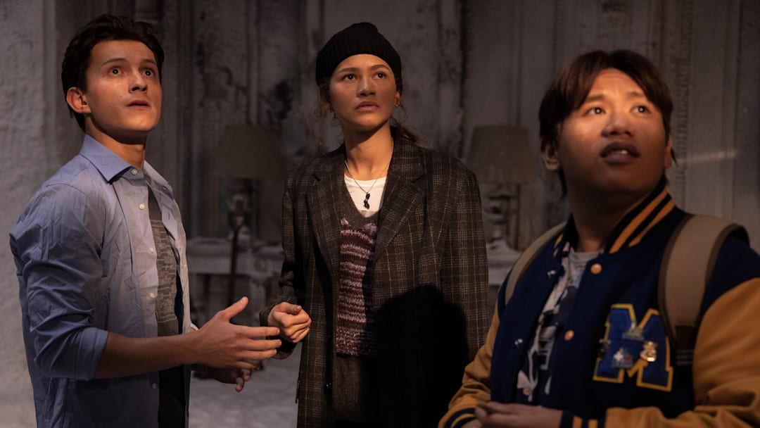Tom Holland, Zendaya and Jacob Batalon in Columbia Pictures' SPIDER-MAN: NO WAY HOME.