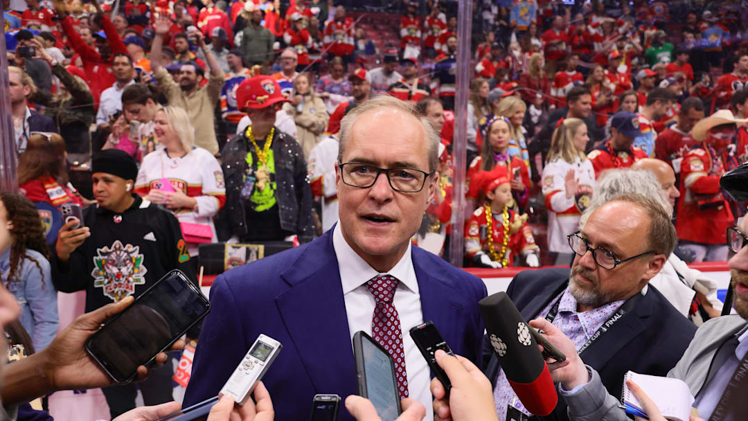 Jun 24, 2024; Sunrise, Florida, USA; Florida Panthers head coach Paul Maurice celebrates winning the Stanley Cup after defeating the Edmonton Oilers in game seven of the 2024 Stanley Cup Final at Amerant Bank Arena. 
