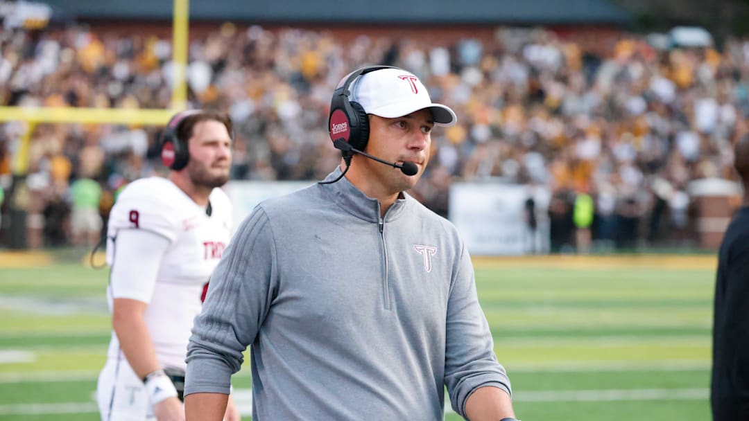 Sep 17, 2022; Boone, North Carolina, USA; Troy Trojans head coach Jon Sumrall on the sidelines against the Appalachian State Mountaineers during the second half at Kidd Brewer Stadium. Mandatory Credit: Reinhold Matay-Imagn Images