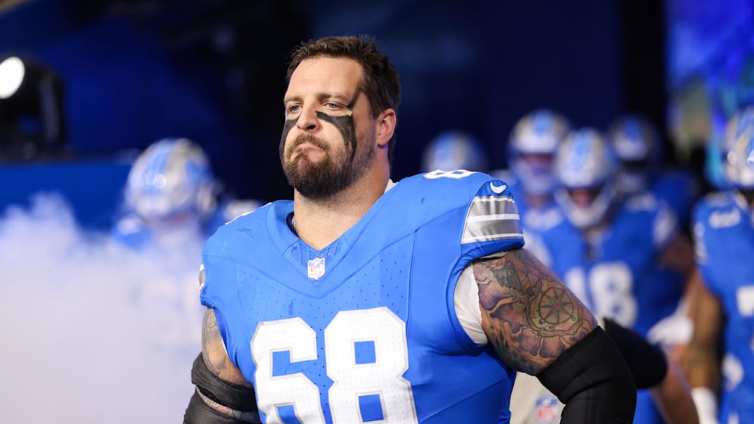 Nov 2, 2025; Detroit, Michigan, USA; Detroit Lions tackle Taylor Decker (68) enters the field before the game against the Minnesota Vikings at Ford Field. 
