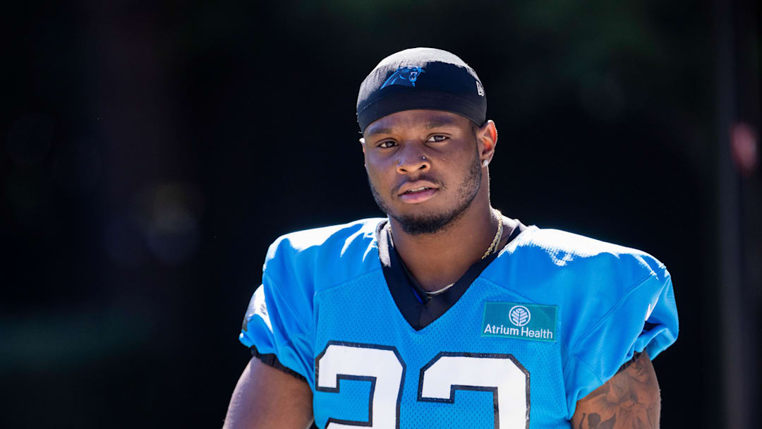 Carolina Panthers running back Trevor Etienne walks to practice during training camp.