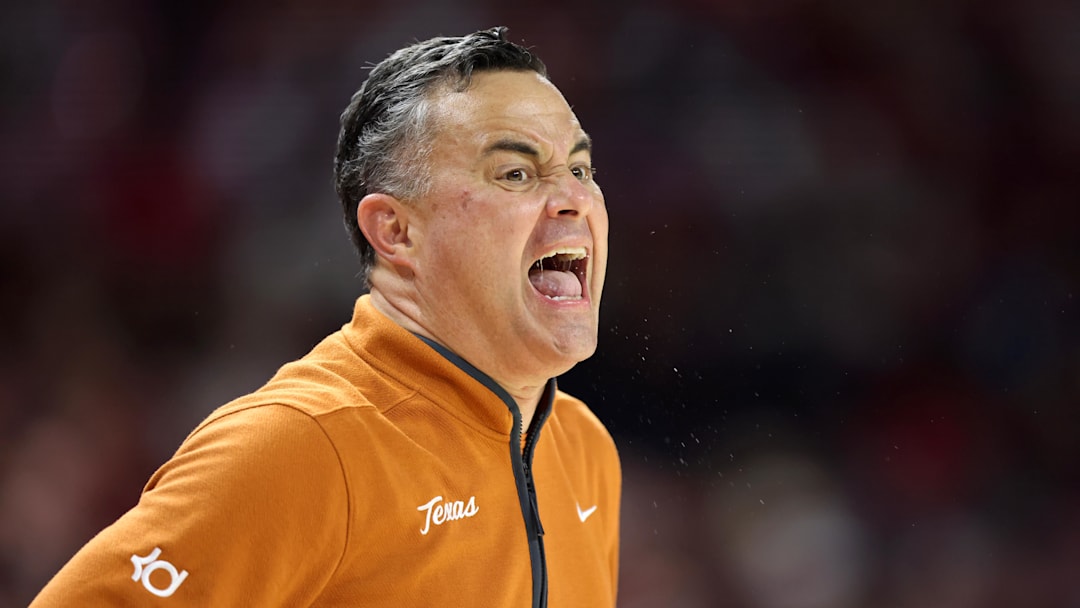 Mar 4, 2026; Fayetteville, Arkansas, USA; Texas Longhorns head coach Sean Miller during the first
 half against the Arkansas Razorbacks at Bud Walton Arena. Arkansas won 105-85. Mandatory Credit: Nelson Chenault-Imagn Images