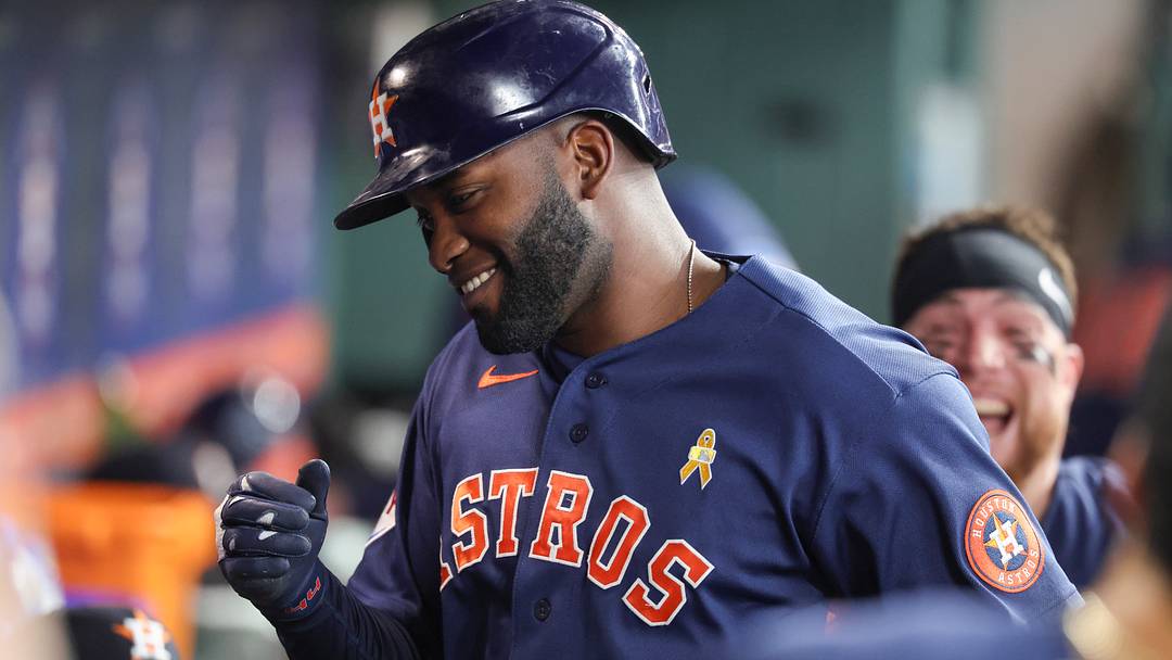 Sep 6, 2026; Houston, Texas, USA; Houston Astros designated hitter Yordan Alvarez (44) smiles in the dugout after hitting a home run during the first inning against the Arizona Diamondbacks at Daikin Park. Mandatory Credit: Troy Taormina-Imagn Images