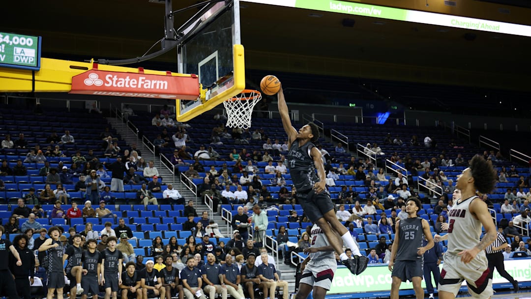 Brandon McCoy Jr. rises for a one-handed dunk against JSerra at Pauley Pavilion. McCoy leads Sierra Canyon in a CIF Open Division title game versus Salesian at Golden 1 Center in Sacramento. 