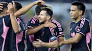 Lionel Messi celebrates one of his two goals against Columbus Crew