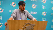 Jul 24, 2024; Miami Gardens, FL, USA; Miami Dolphins head coach Mike McDaniel talks to reporters during training camp at Baptist Health Training Complex.