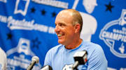 Jun 8, 2025; Chapel Hill, NC, USA;  North Carolina head coach Scott Forbes during an interview with the media after a Super Regionals game against North Carolina in Chapel Hill, North Carolina. Scott Forbes also celebrates his 200th win. Mandatory Credit: Jaylynn Nash-Imagn Images